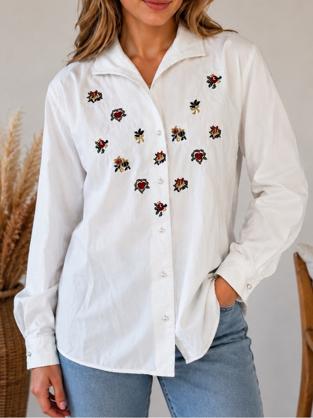 VTG Susan Bristol White Embroidered Pearl Button Blouse Cottagecore Grandpa Sz 6
